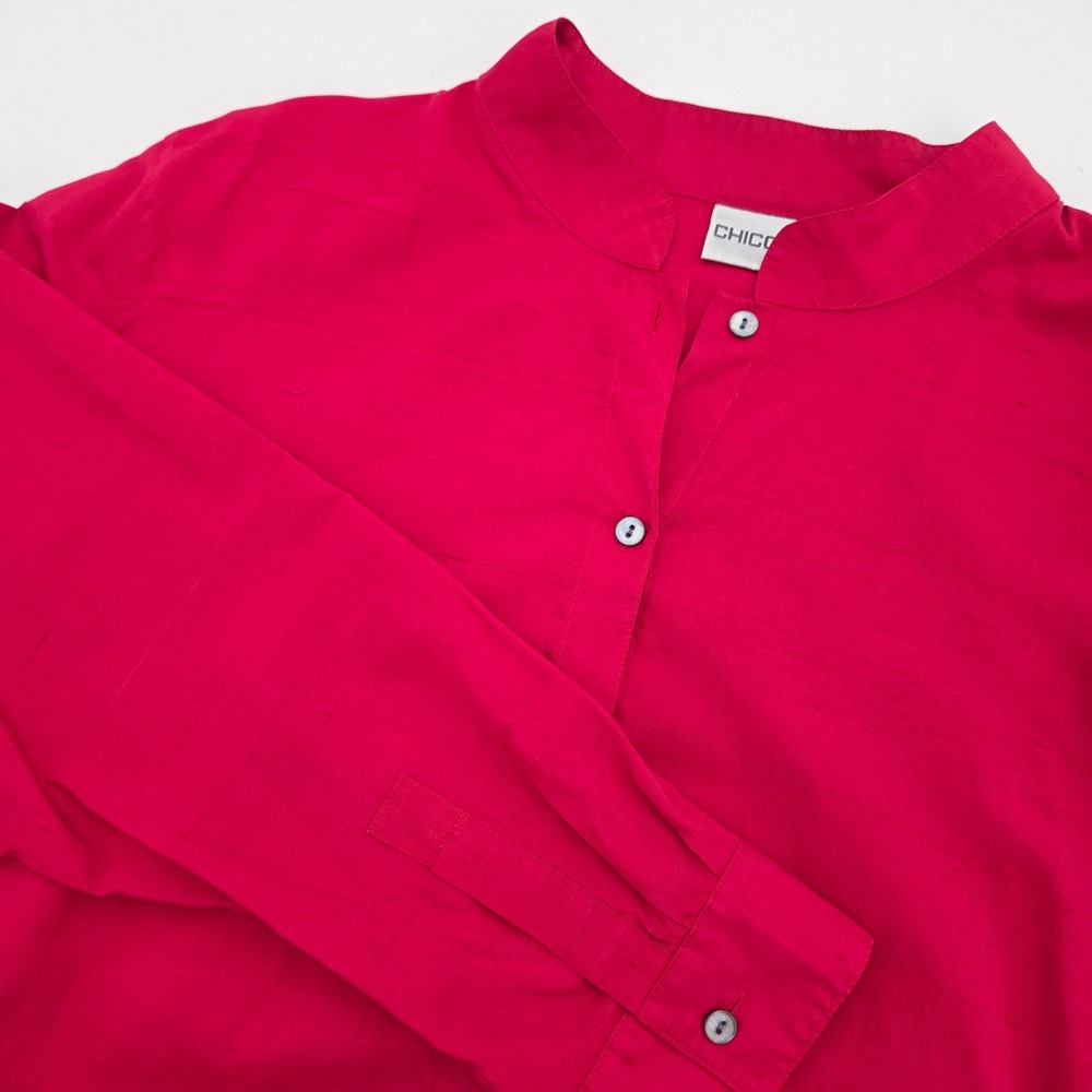 Chico's‎ Red Silk Blend Button Down Tunic Mandarin Collar Slub Texture Size 3 XL
